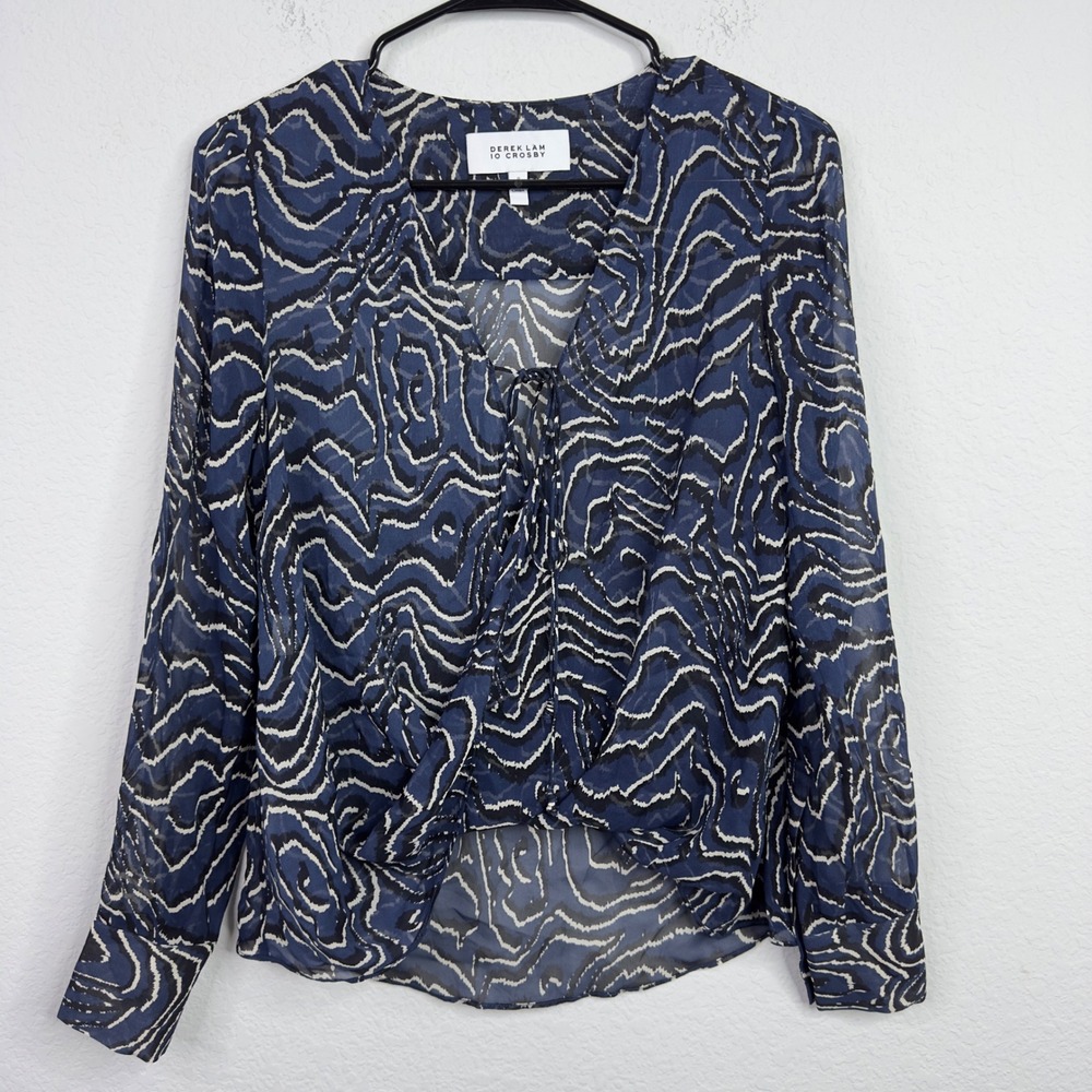 Derek Lam 10 Crosby Shirt Women 0 Blue Silk Abstract Sheer Chiffon Luxury Career